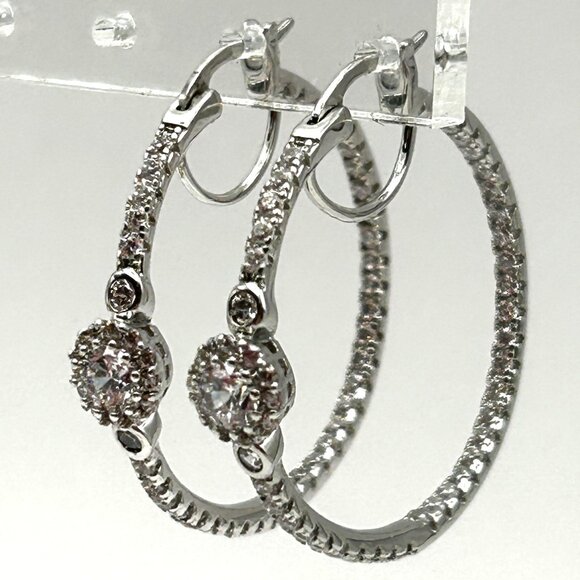 Cubic Zirconia Hoop Earrings Halo Center Sparkling Pave Crystals 1.25” - Picture 10 of 10